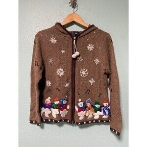 Designers Originals Women's Brown‎ Zip Up Snowman Winter Sweater Small